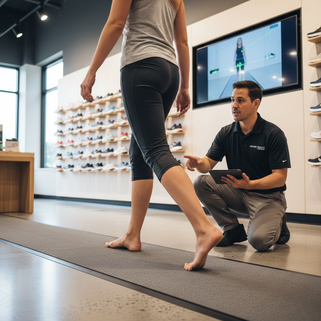A person walks barefoot on a gait‑analysis mat while a store specialist observes with a tablet.