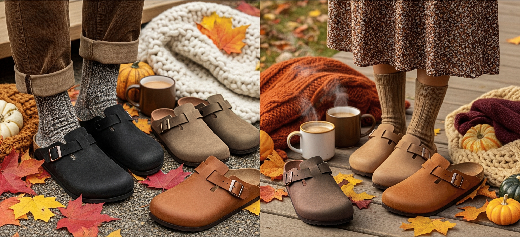 Two cozy autumn scenes featuring Birkenstock clogs styled with socks, pumpkins, and seasonal textures.