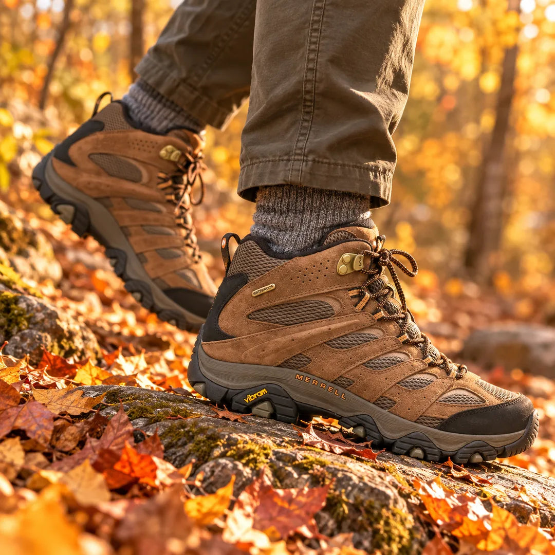 Man hiking a fall trail in Merrell Moab 3 Mid Waterproof hiking boots in Earth brown