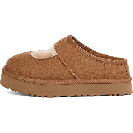Medial side of UGG Youth Bea Mary Jane Clog in Chestnut Brown Suede