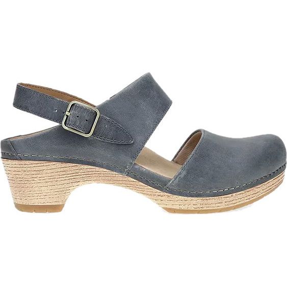 Lateral side of Women's Dansko Lucia Closed Toe Sandal in navy leather with a 2 inch heel