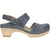 Lateral side of Women's Dansko Lucia Closed Toe Sandal in navy leather with a 2 inch heel