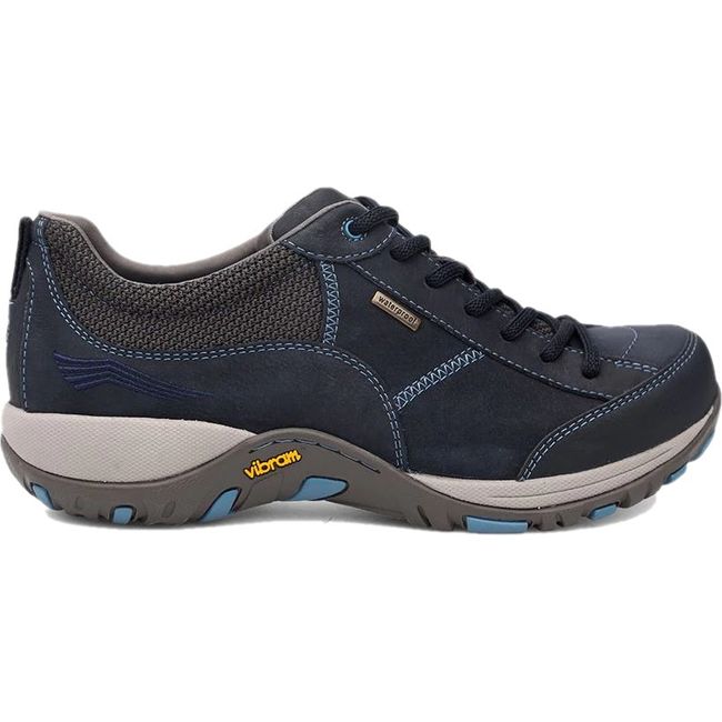 Lateral side of Women's Dansko Paisley Waterproof Shoe in navy milled nubuck with vibram sole