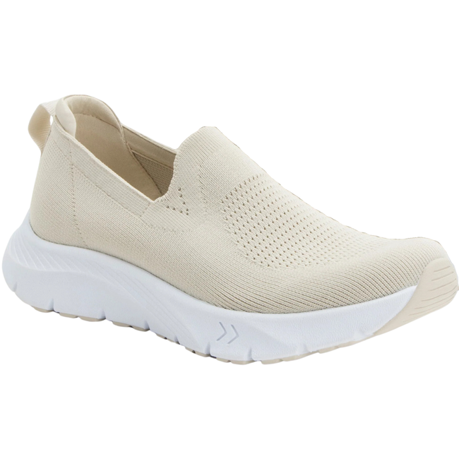 Front angled view of Women's Alegria Waze slip on shoe in sand color knit upper and a white sole