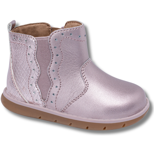 Angled Lateral side of Stride Rite Kids' Lena Boot in Mauve Glow | BG038704