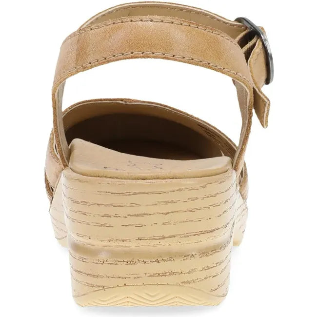 Dansko Margreta Mary Jane clog in honey distressed leather, back view