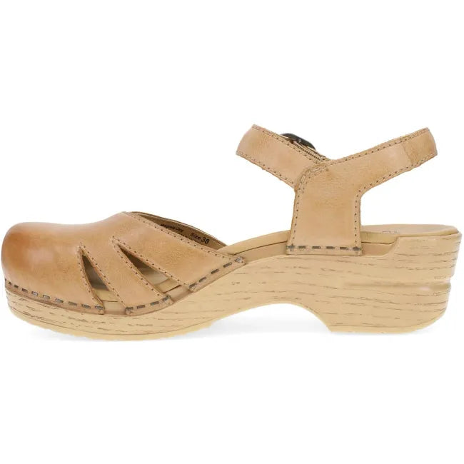 Dansko Margreta Mary Jane clog in honey distressed leather, side profile showing wood base