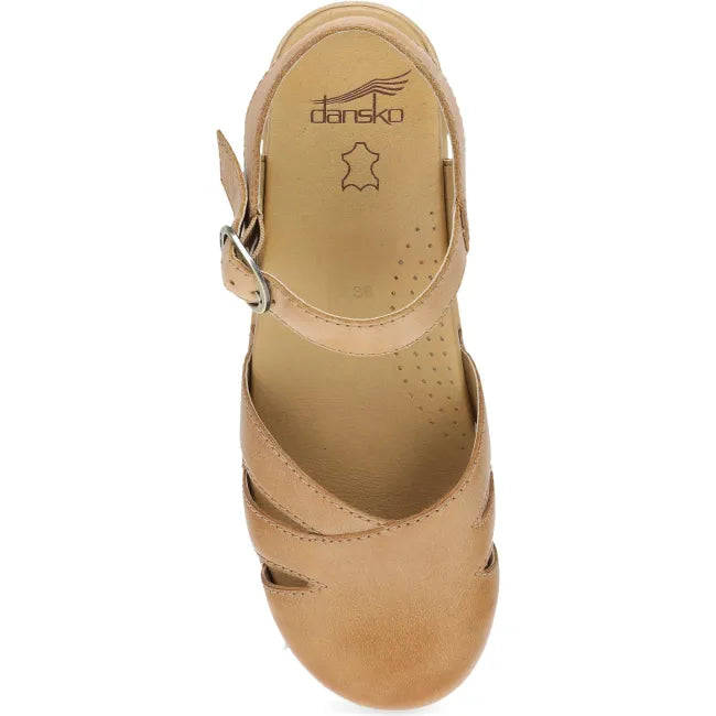 Dansko Margreta Mary Jane clog in honey distressed leather, top view showing cutout detailing and buckle strap