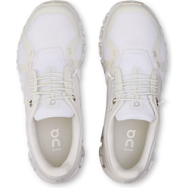 Top down view of On Running Women's Cloud 6 Running Shoe in all white