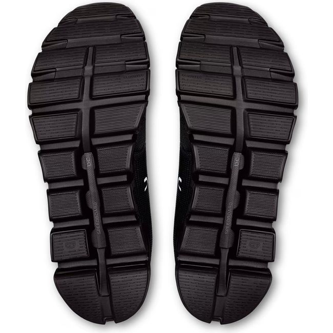 Soles of On Running Men's Cloud 6 Running Shoes all black