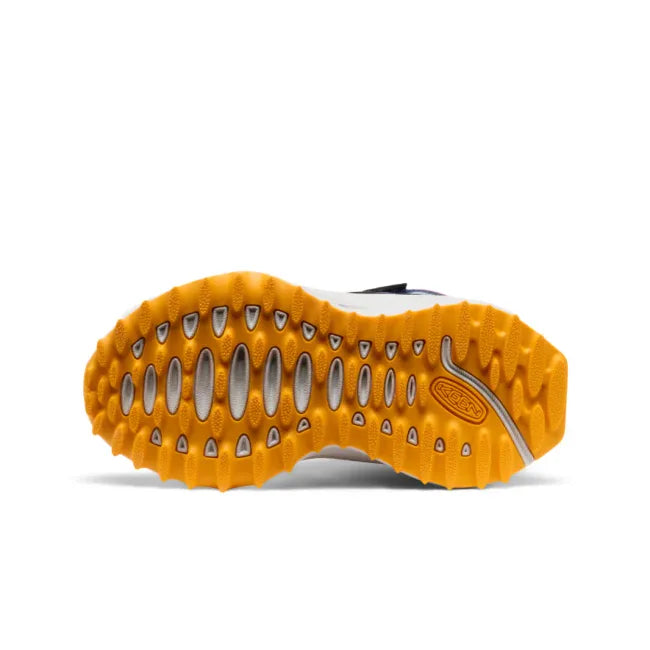 Yellow sole of KEEN Little Kids’ Zionic Waterproof Hiking Boot in Multicolor Navy Pink