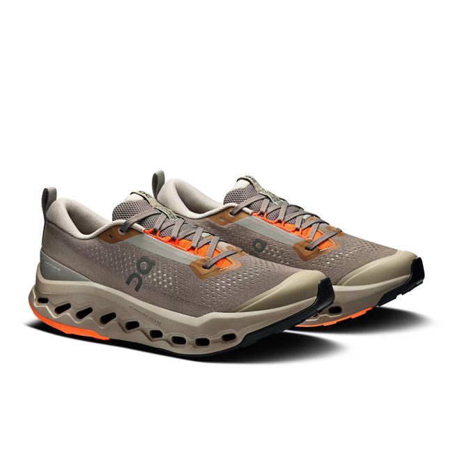 Pair of Men's On Running Cloudsurfer Trail 2 Running Shoes in Eclipse Brown, Cinder orange