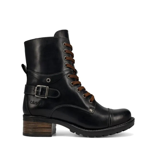 Lateral side of Women's Taos Crave Boot in black leather. Combat boot style.