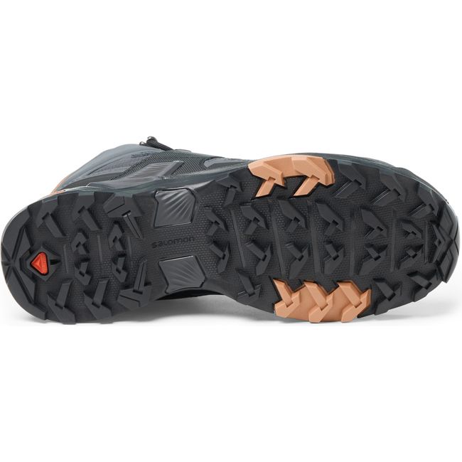 Sole of Women's Salomon X Ultra 4 Mid Gore-Tex Hiking Shoe in Ebony/Mocha color