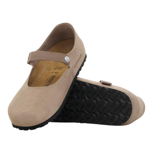 Top and Sole of Birkenstock Women's Mantova Suede Mary Jane in Taupe 