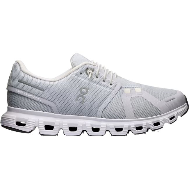 Lateral side of On Running Women's Cloud 6 Running Shoe in grey and white
