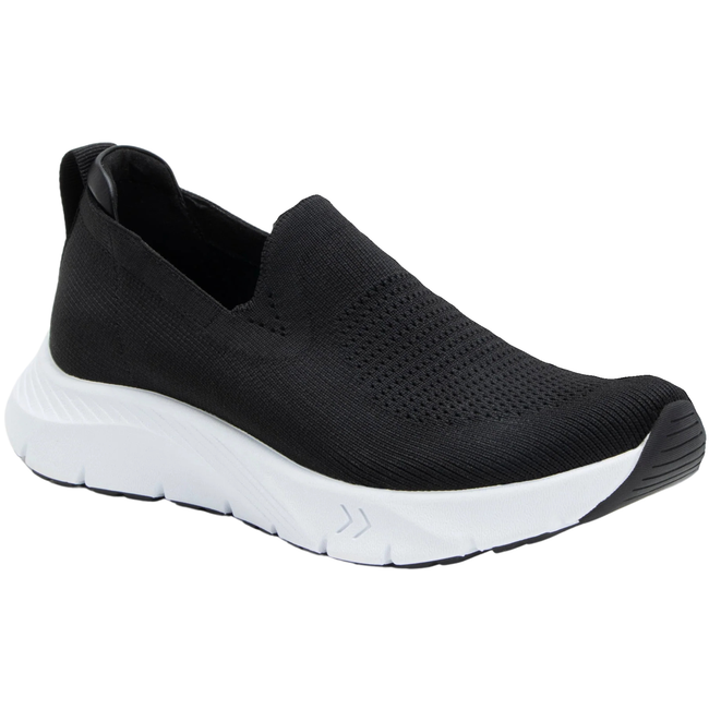 Front angled view of Women's Alegria Waze slip on shoe in black knit upper and a white sole