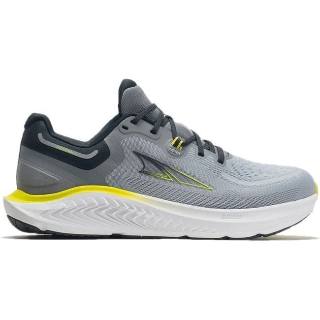 Lateral side of Mens Altra Paradigm 7 Running Shoe in gray lime yellow with a white sole
