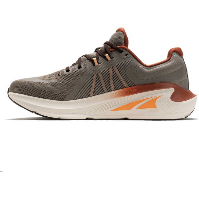 Medial side of Mens Altra Paradigm 7 Running Shoe in taupe with overpronation guiderail support