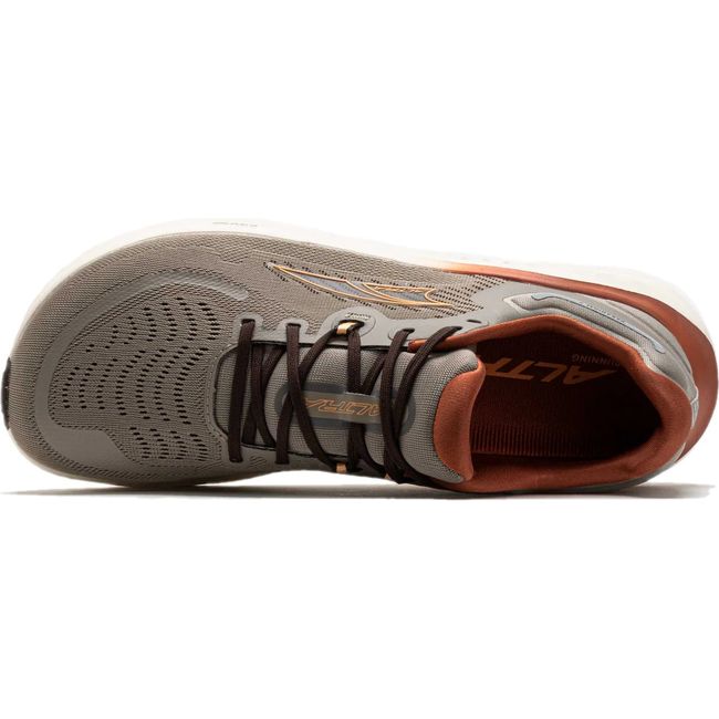 Top down view of Mens Altra Paradigm 7 Running Shoe in taupe with red and orange accents