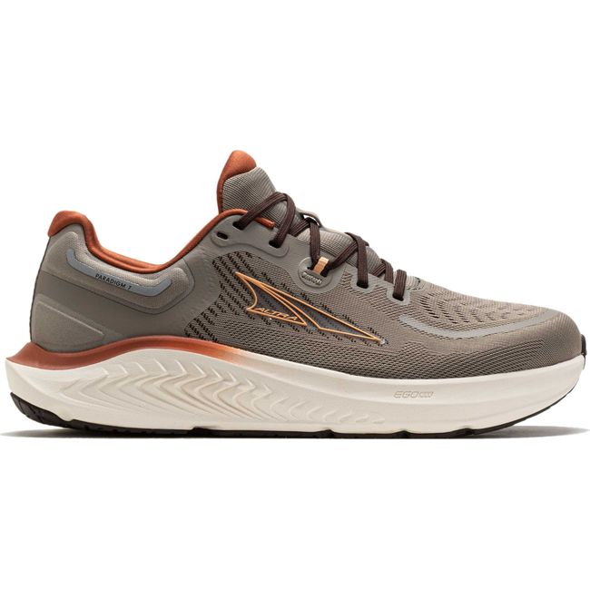 Lateral side of Mens Altra Paradigm 7 Running Shoe in taupe. Red and orange accents and white sole