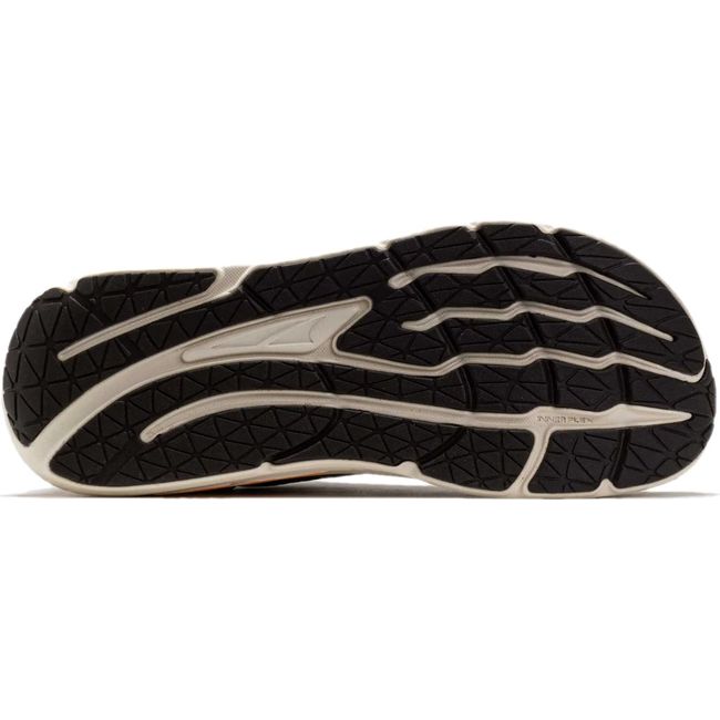 Sole of Mens Altra Paradigm 7 Running Shoe in taupe with a white cushioning and black tread