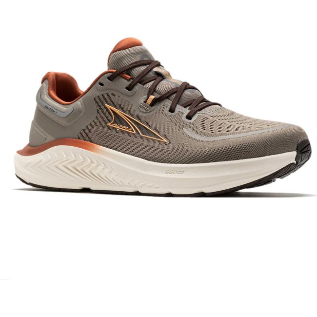 Front angled view of Mens Altra Paradigm 7 Running Shoe in taupe with a white sole