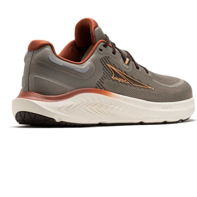 Rear angled view of Mens Altra Paradigm 7 Running Shoe in taupe with a white sole