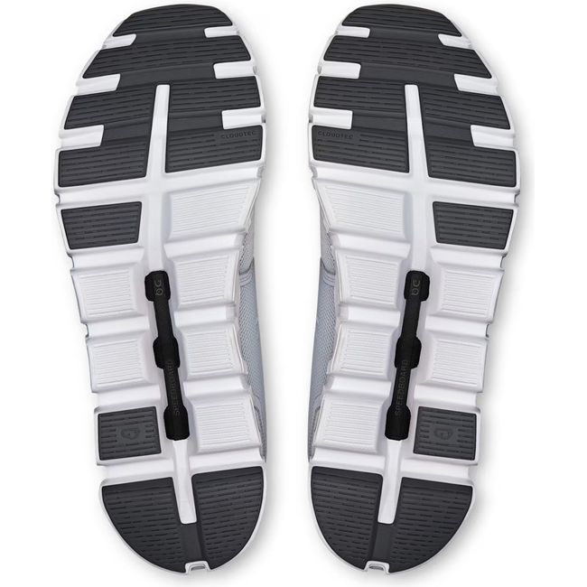 Soles of On Running Men's Cloud 6 Running Shoes in grey and white
