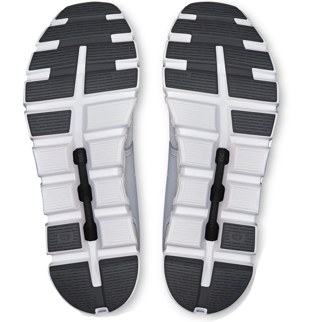 Soles of On Running Men's Cloud 6 Running Shoe in Glacier Grey / White