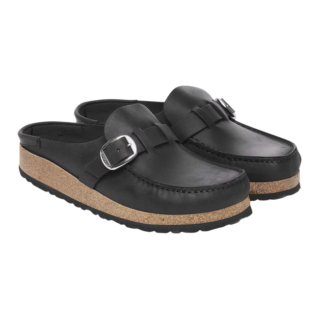 Angled Pair of Birkenstock Unisex Oiled Leather Buckley in Black