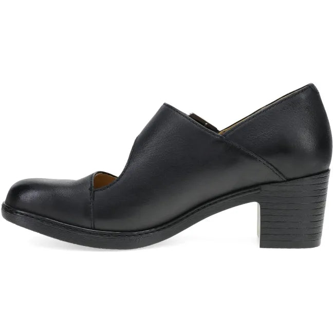 Dansko Marigold Mary Jane heel in black leather, side profile showing sculptural block heel