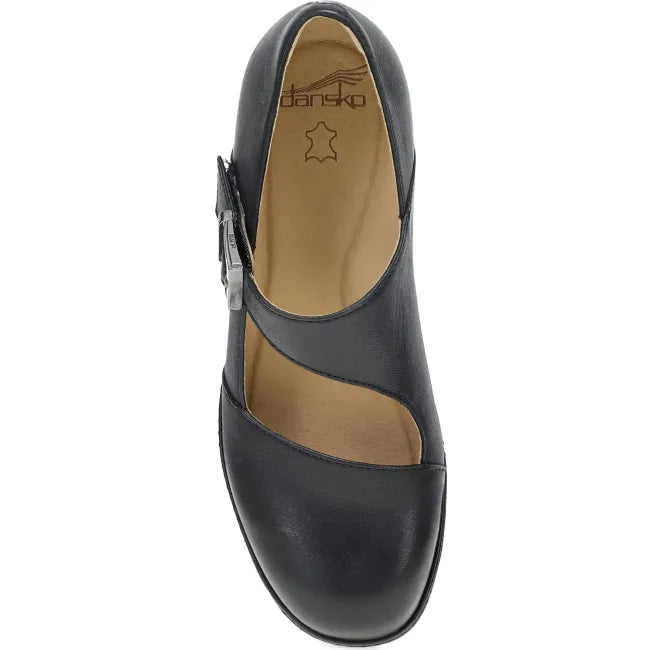 Dansko Marigold Mary Jane heel in black leather, top view showing asymmetrical strap