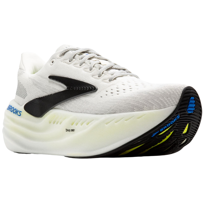 Front angled view of Men's Brooks Glycerin Max Running Shoe. White upper. Yellow and black accents