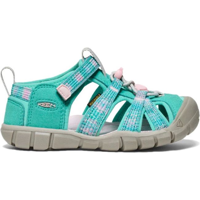 Lateral of KEEN Little Kids Seacamp II CNX Sandal in Bright Aqua and Giggle Pink