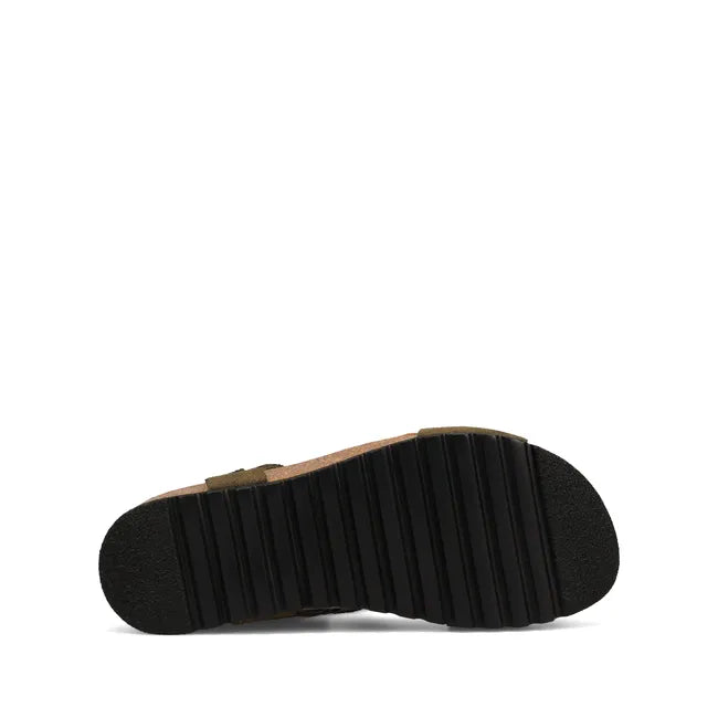 Black sole of Women's Taos MVP Sandal in olive green suede upper