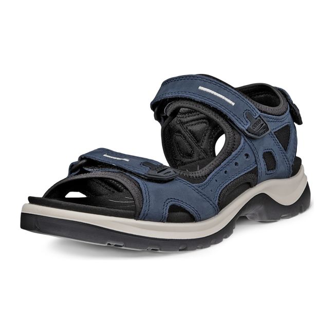 Front angled view of ECCO Women's Offroad Yucatan Sandal in marine with three velcro straps