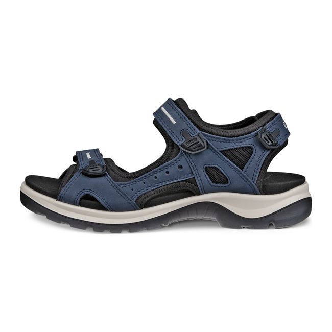 Lateral side of ECCO Women's Offroad Yucatan Sandal in marine with three velcro straps