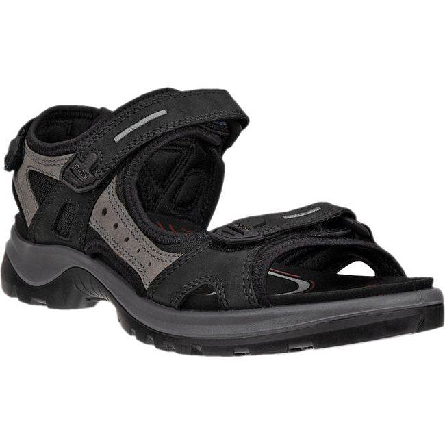 Front angled view of ECCO Women's Offroad Yucatan Sandal in black mole with three velcro straps