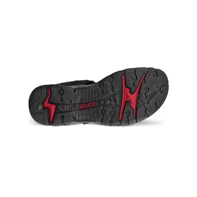 Sole of ECCO Women's Offroad Yucatan Sandal in black mole upper with black sole and red accents