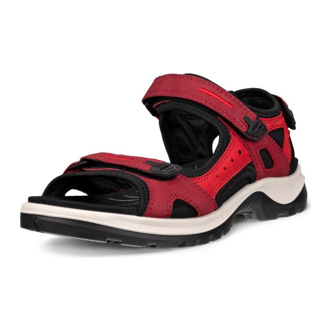 Front angled view of ECCO Women's Offroad Yucatan Sandal in brick and chili red with three velcro straps