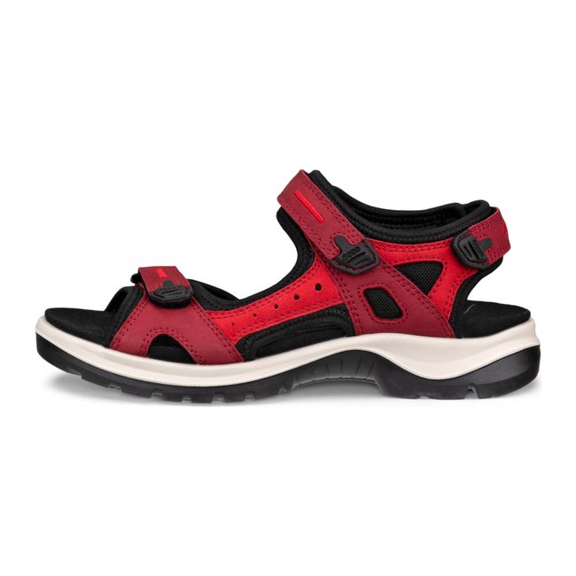 Lateral side of ECCO Women's Offroad Yucatan Sandal in brick and chili red with three velcro straps
