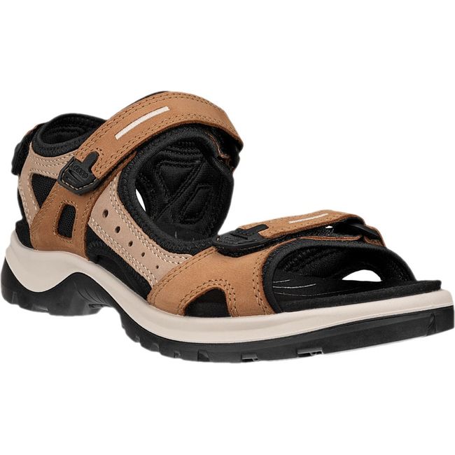 Front angled of Women's ECCO Offroad Yucatan Walking Sandal with Velcro Straps in Cashmere Nude Tan
