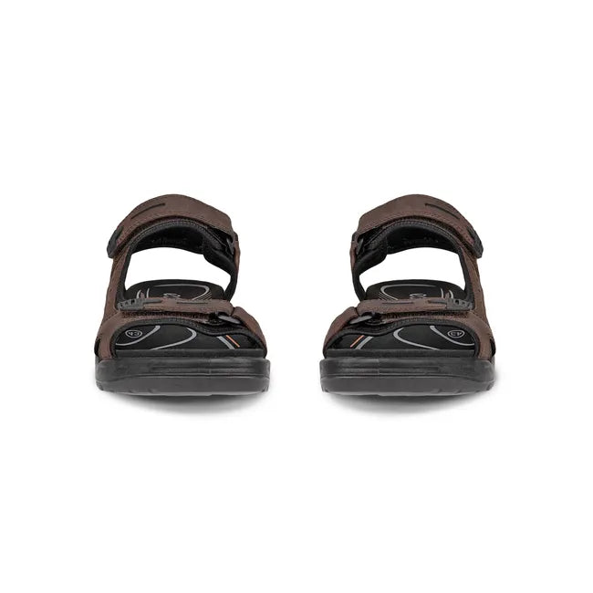 Front of ECCO Men's Offroad Yucatan Sandals in mocha brown leather with three velcro straps