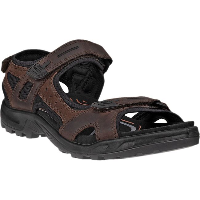 Front angled view of ECCO Men's Offroad Yucatan Sandal in mocha brown with three velcro straps