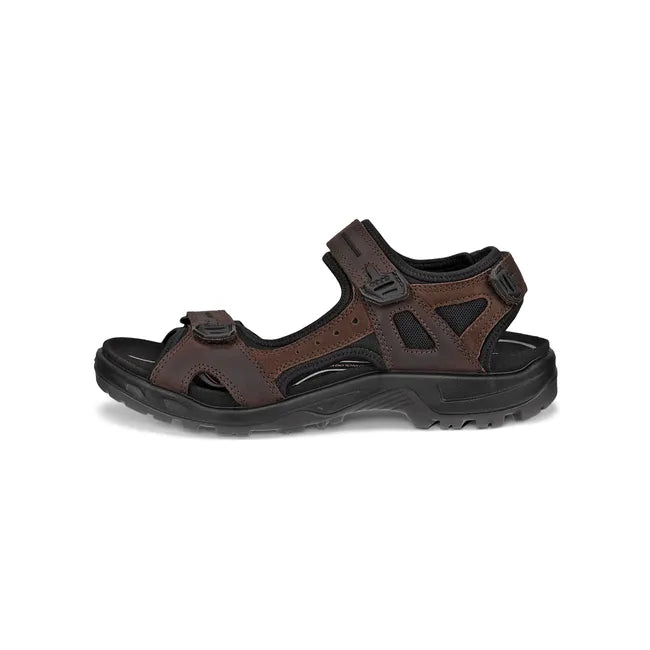 Lateral side of ECCO Men's Offroad Yucatan Sandal in mocha brown leather with three velcro straps