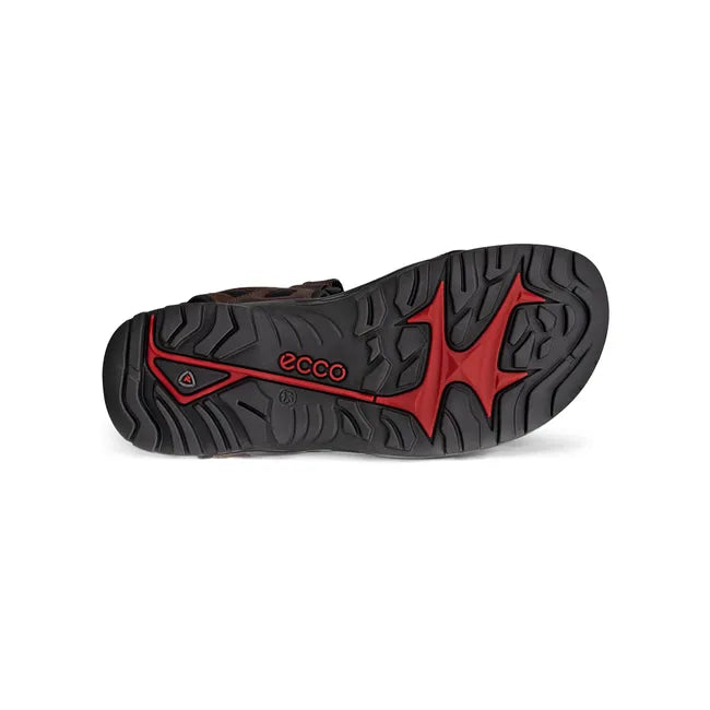Sole of ECCO Mens Offroad Yucatan Sandal in mocha brown leather upper and black sole with red accent