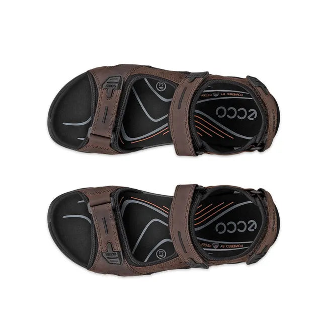 Top down view of ECCO Men's Offroad Yucatan Sandals in mocha brown leather with three velcro straps