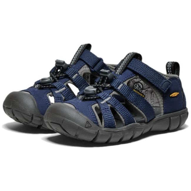 Pair KEEN Little Kids Seacamp II CNX Sandal in Naval Academy Blue and Drizzle Gray