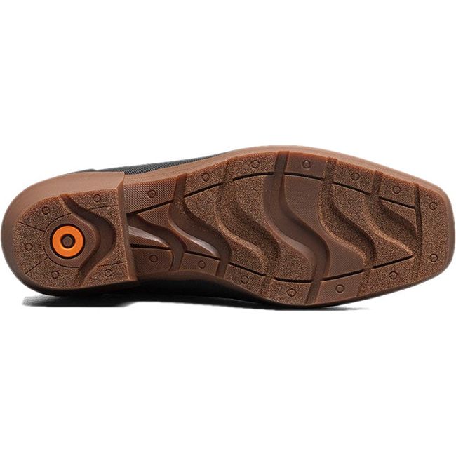 Sole of Women&#39;s Bogs Rain Boot Jolene Mid Deco in black and white cow print with brown outsole